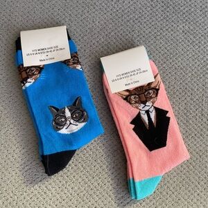 Lot of 2 Cat Design Blue and Pink Novelty Socks NEW